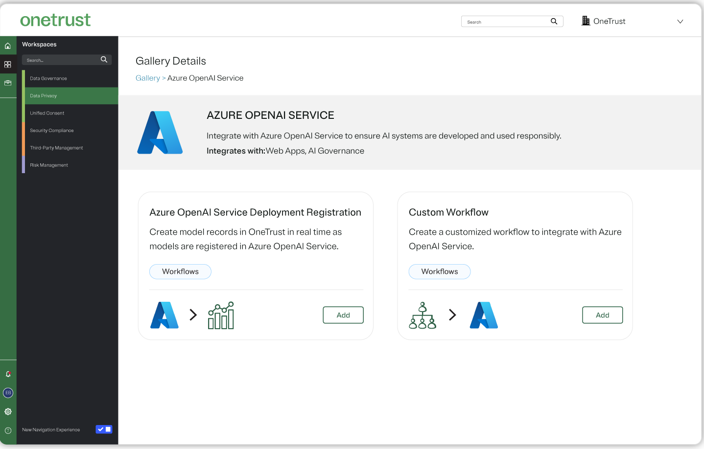 A screenshot of the Azure OpenAI Service integration page in OneTrust AI Governance. Users could create workflows using the Azure OpenAI in real time or apply a customized workflow.